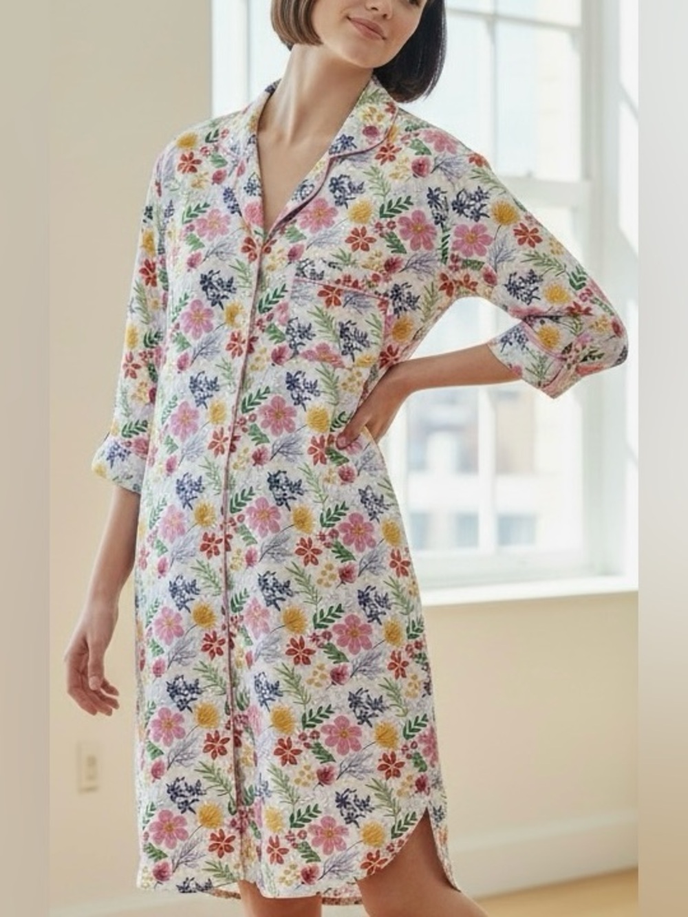 Mahogany Floral Cotton Sleep Shirt, Hand Screen Printed, Piping Details - Small
